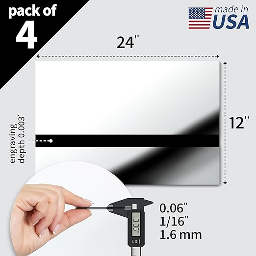 Trotec | Metallic Looking Acrylic Sheet | 12"x24"x1/16, 4 Pcs | Bright Chrome/Black | Metallic Finish - Scratch Resistant for Laser Engraving & Cutting,Printing,Glowforge,Name Plate | USA Made