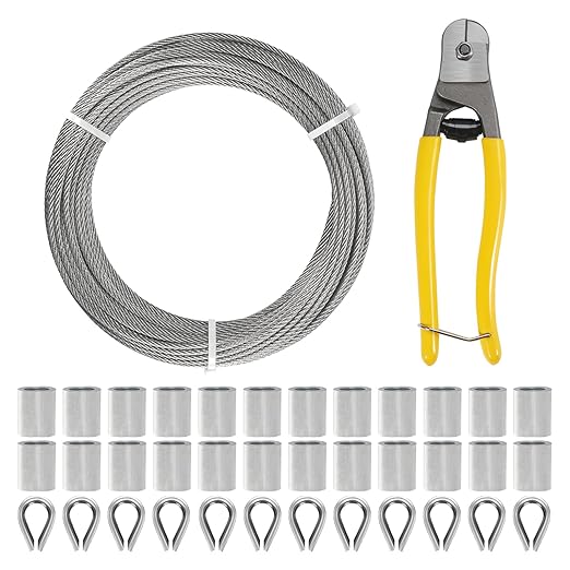 1/8 Inch Stainless Steel Cable Kit 164FT, 7 x 7 Strands Wire Rope with Aluminium Sleeves & Thimbles for Deck Railing, String Light Hanging, Shade Sail, Garden and DIY Projects