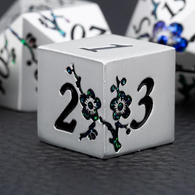 7 PCS Solid Metallic Flower D&D Dice Set,Metal Dungeons and Dragons Dice Set with Gift Box for DND Tabletop Game (Silver-Seven Colour Brocade)