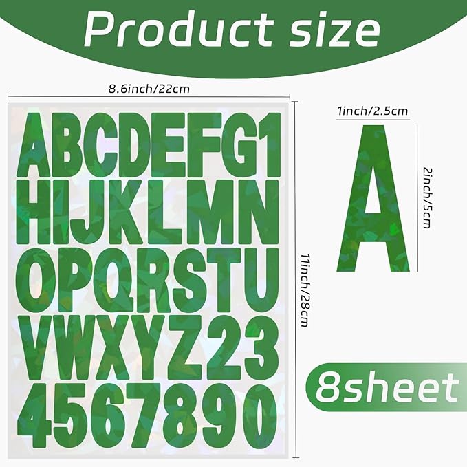 Starboling Letter Stickers,2 inch 8 Sheets Green Alphabet Sticker,Self Adhesive Vinyl Letter Stickers Mailbox Numbers,for Arts Crafts Outdoor Sign Poster Mailbox Sign Doors Mailboxes Car Truck