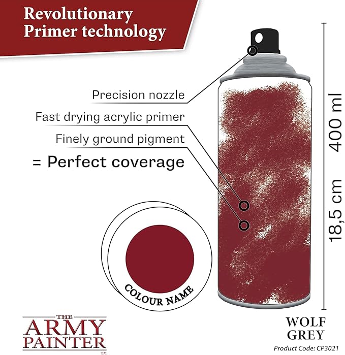 The Army Painter Colour Primer Wolf Grey, 400 mL Acrylic Spray Primer, Spray Paint Basecoat for Miniature Priming, Tabletop Roleplaying, Boardgames, and Wargames Miniature Modelling