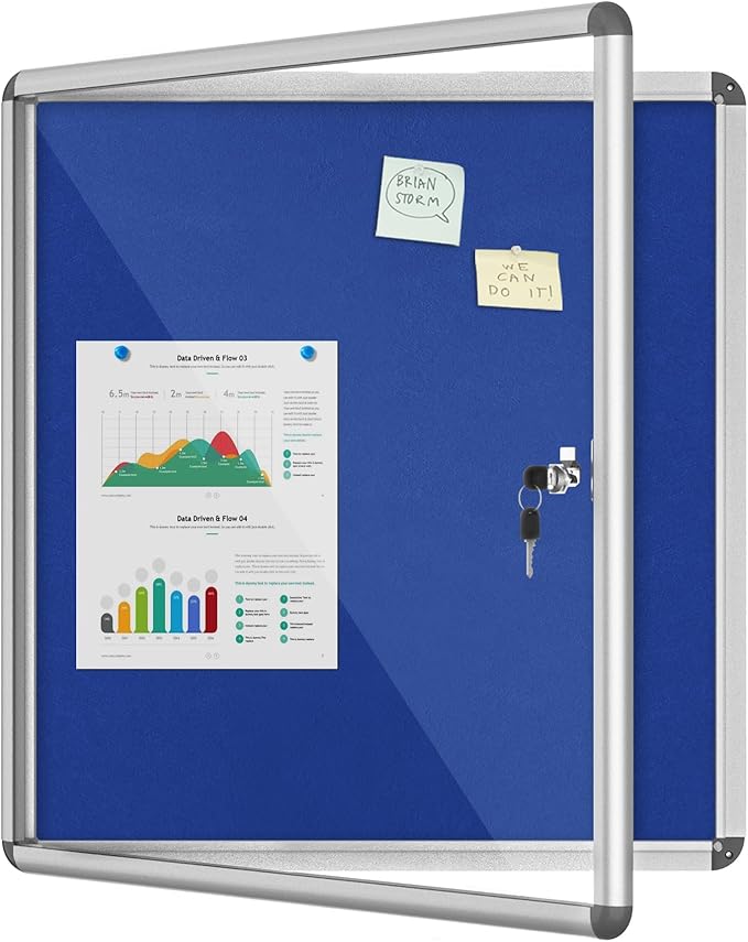 28"x26" Enclosed Bulletin Board, Lockable Weather-Resistant Aluminum Cork Noticeboard for School & Office, Silver Frame w/Blue Flet