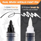 Black White Acrylic Paint Pen Brush, 6PCS Dual Tip Automatic Ink-control Acrylic Markers for Rocks, Metal, Glass, Wood, Fabric, Porcelain, Ceramic
