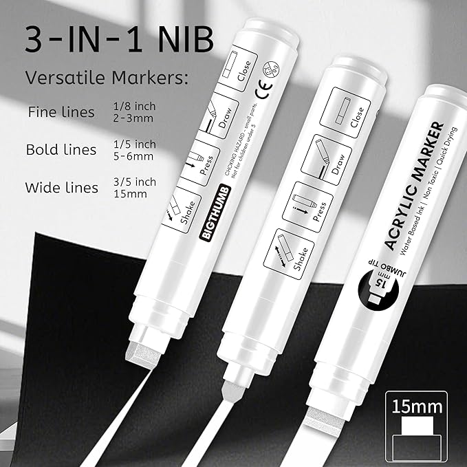Jumbo Poster Markers Set: 12 Colors Large 15mm Wide Tip Permanent Ink Thick Acrylic Paint Pens for Rock Painting, Stone, Glass, Wood, Ceramic, Metal, Plastic, Fabric