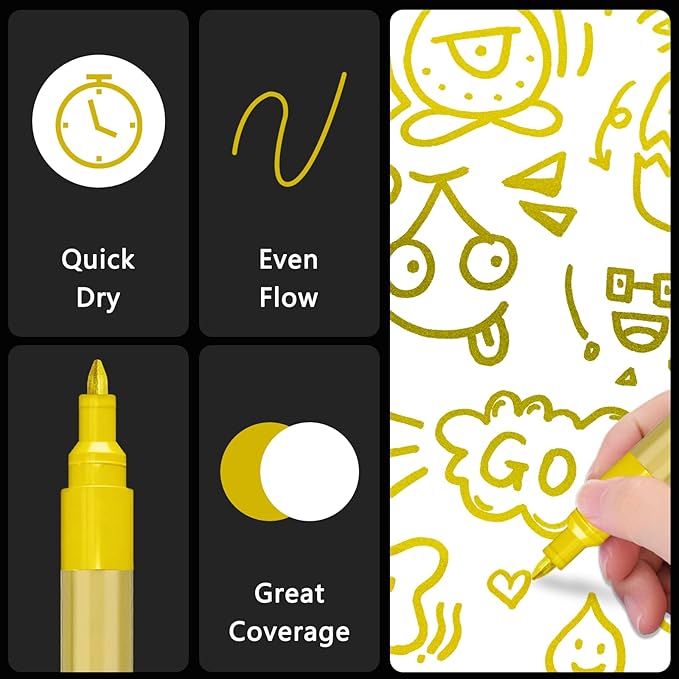 SFAIH Acrylic Gold Paint Pens - 8 Pack 2-3MM Medium Tip & 0.7MM Extra Fine Gold Markers Permanent for Rock, Wood, Metal, Fabric, Plastic, Glass, Ceramic, Diy Crafts, Large Ink Capacity, High Coverage