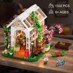 HOGOKIDS Flower House Building Set with LED Light - 1332 PCS Garden House Buiding Toy with Flowers Potted Plants Parrot Cat Animals Playset Greenhouse Model Xmas Gift for Adults Teens Girls Ages 8+