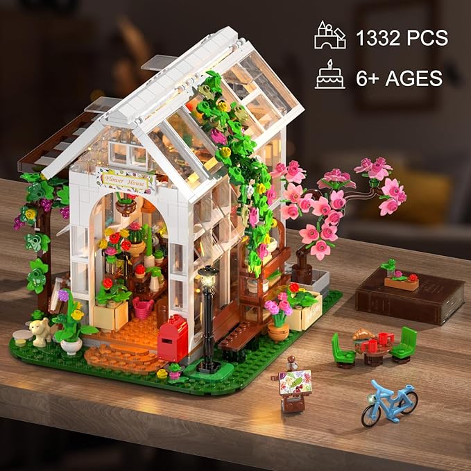 HOGOKIDS Flower House Building Set with LED Light - 1332 PCS Garden House Buiding Toy with Flowers Potted Plants Parrot Cat Animals Playset Greenhouse Model Xmas Gift for Adults Teens Girls Ages 8+