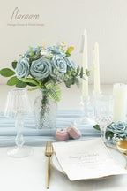 Floroom Artificial Flowers 25pcs Real Looking Dusty Blue Foam Fake Roses with Stems for DIY Wedding Bouquets Bridal Shower Centerpieces Floral Arrangements Party Tables Home Decorations