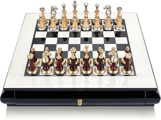 AMEROUS 16 Inches Wooden Chess Set, Large Size Board with 2 Built-in Storage Drawers - 2 Extra Queens - Metallic & Wooden Chess Pieces - Gift Packaging, Board Games for Adults and Kids