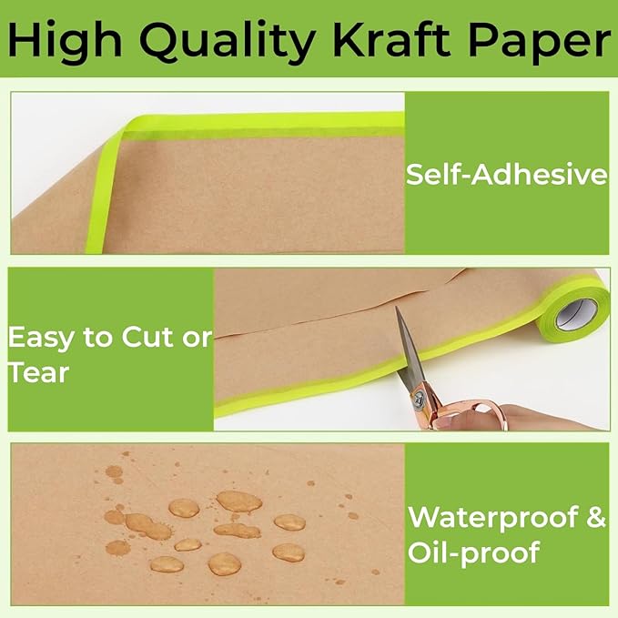 Pre-Taped Painting Masking Paper: 8 Rolls 6 Inch x 50 Feet Tape and Drape Painters Paper, Self-Adhesive Paint Protective Kraft Paper Roll