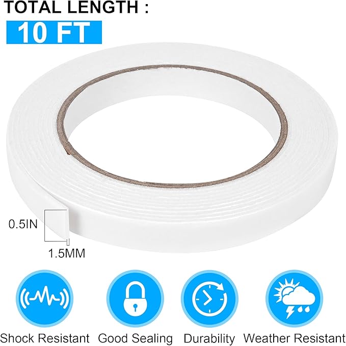ToLanbbt Double Sided Foam Tape 0.5In x 10FT, Mounting Tape Heavy Duty, Strong Adhesive Weatherproof Seal Strips for DIY Craft Picture Poster, Car & Gap Filling Mountings, Home Office Decor (White)
