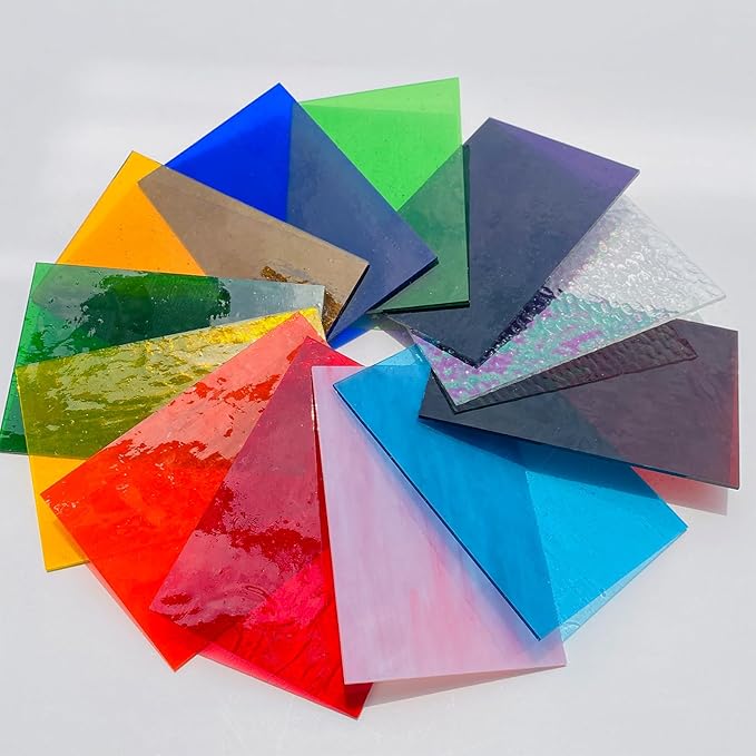 ILLUCKAI 12 Sheets Rainbow Transparent Stained Glass Sheet, 4 x 6 inch Cathedral Art Glass Supplies for Stained Glass Projects and Mosaic Making Crafts