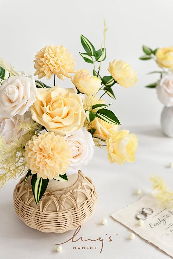 Ling's moment Creamy Yellow Dahlia Foam Artificial Flowers Real Touch Faux Fake Flower for Home Decor Graduation Baby Shower Decorations Outdoors Party Favors Wedding Centerpieces Arrangements 25pcs