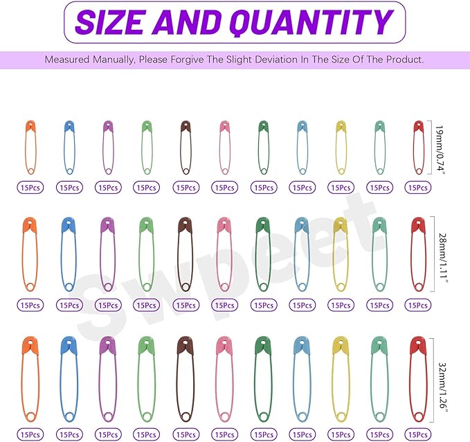 Swpeet 495Pcs 3 Sizes 19mm 28mm 32mm Colorful Safety Pins Assortment Kit, Rust Resistant Steel Small Safety Pin Kit with Clear Case, Mini Safety Pins for Sewing, Clothes, Craft Arts