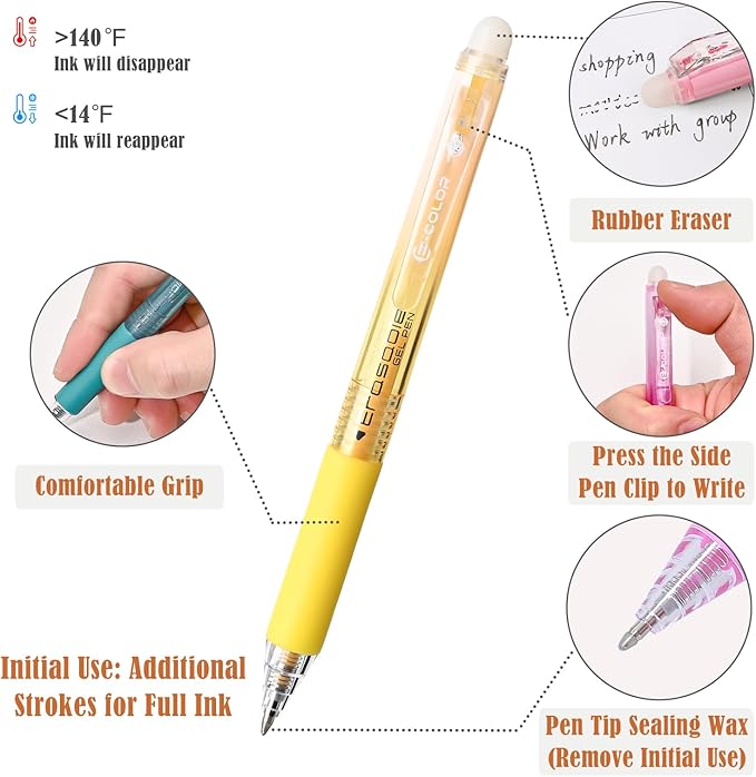BAYTORY 24Pcs Colored Erasable Gel Pens, Fine Point 0.7mm, Retractable Assorted Colors Pen with Eraser, Smooth Writing Erasable Pens for Drawing Crossword Puzzles