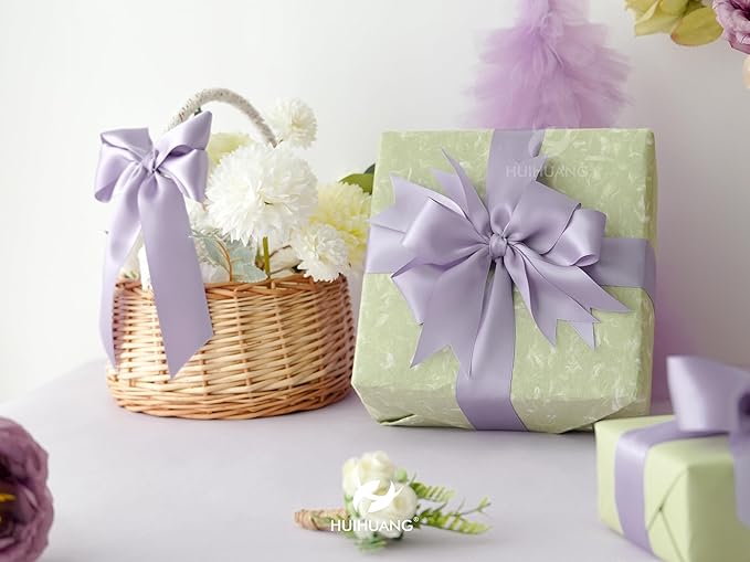 HUIHUANG Purple Satin Ribbon 1-1/2 inch x 100 Yards Lavender Color Double-Faced Satin Ribbon for Flower Bouquet, Gift Wrapping, Eternal Roses, DIY Crafts, Bridal Shower Wedding Decor