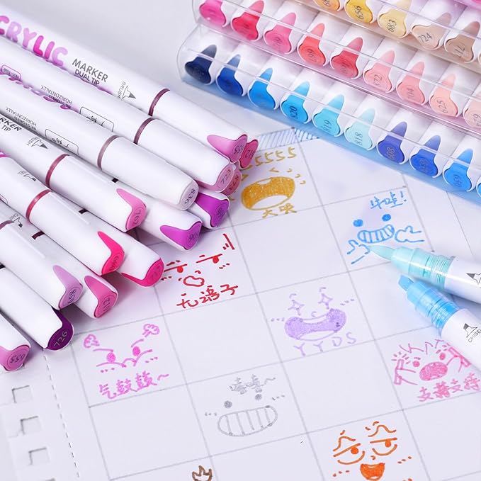 kander 12 Colors Dual Tip Acrylic Paint Markers, Purple Color — Extra Fine & Soft Brush Pen Set with Direct Ink Flow for Sketching, Detailing, Coloring on Wood, Canvas, Rock, Glass, DIY Crafts