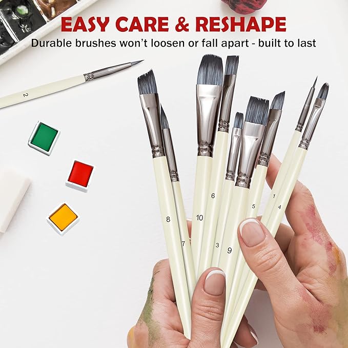 DUGATO Artist Paint Brushes Set 10pcs for Acrylic Oil Watercolor Gouache Paint by Numbers, Art Face and Body Professional Miniatures Painting Kits with Anti-Shedding Nylon Hair Tips Paintbrushes