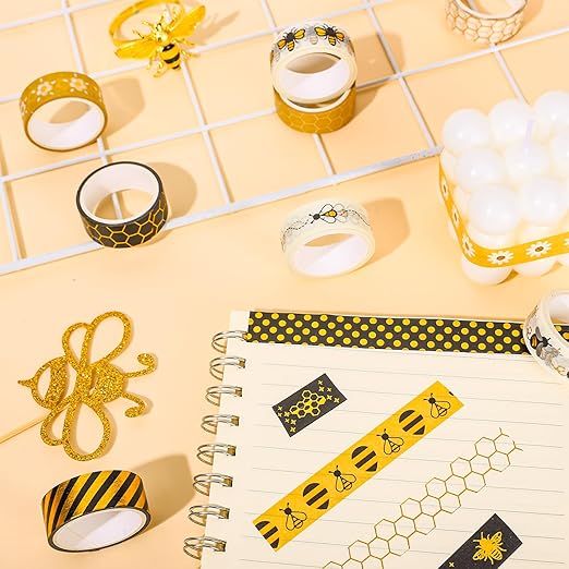 Whaline 12 Rolls Bee Washi Tape Foil Gold Honey Bee Washi Masking Tape 15mm Wide Bumblebee Honeycomb Daisy Print Decorative Adhesive Masking Tape for Scrapbook Gift Wrapping DIY Art Crafts