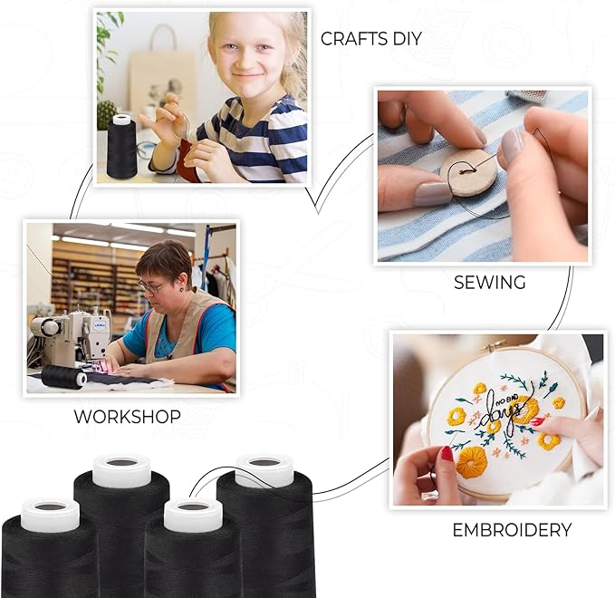 Serger Thread 4 Cones 3000 Yards Each Spool All Purpose Polyester Thread 40S/2 for Sewing, Serger, Overlock, Quilting, Piecing - Black, HY1256