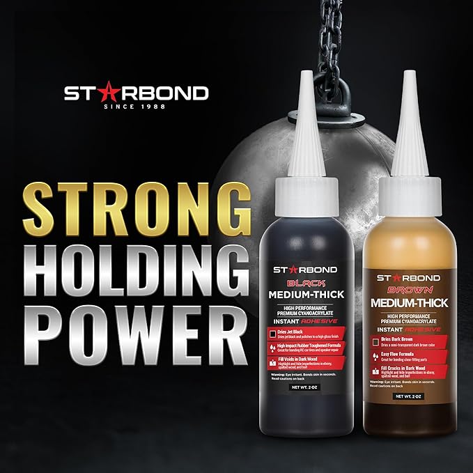 STARBOND Premium Grade Cyanoacrylate (CA) Super Glue, Black (2 oz) and Brown (2 oz) Medium-Thick Viscosity Knot Filler and Aerosol Accelerator (6 oz) Bundle for Woodworking, Woodturning, Carpentry