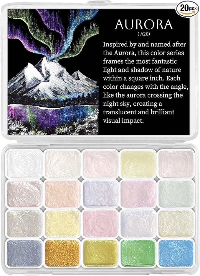 Mini Glitter Watercolor Paint Set, 20 Colors Shimmer Metallic Watercolour Painting Sets, Solid Pearl Water Color Paints for Kids, Adult, 1ml Trial Pack (Aurora)