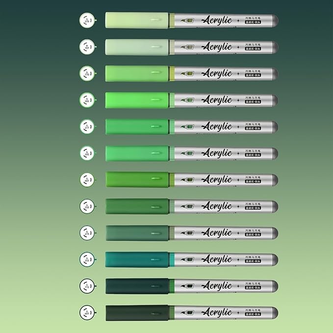 Green Acrylic Paint Pens,12 Color Paint Pens Markers,Brush Tip Paint Pens for Rock Painting Wood Glass Ceramic Canvas Stone DIY Crafts Making Art Supplies