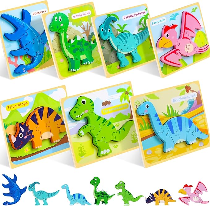 TOY Life Toddler Puzzles Ages 2-4, Wooden Puzzles for Toddlers 1-3, 7 Pcs Dinosaur Puzzle 2 Year Old, Puzzles for Kids Ages 3-5, Toddler Boy Toys 2-3, Educational Learning Toys for 3 Year Old