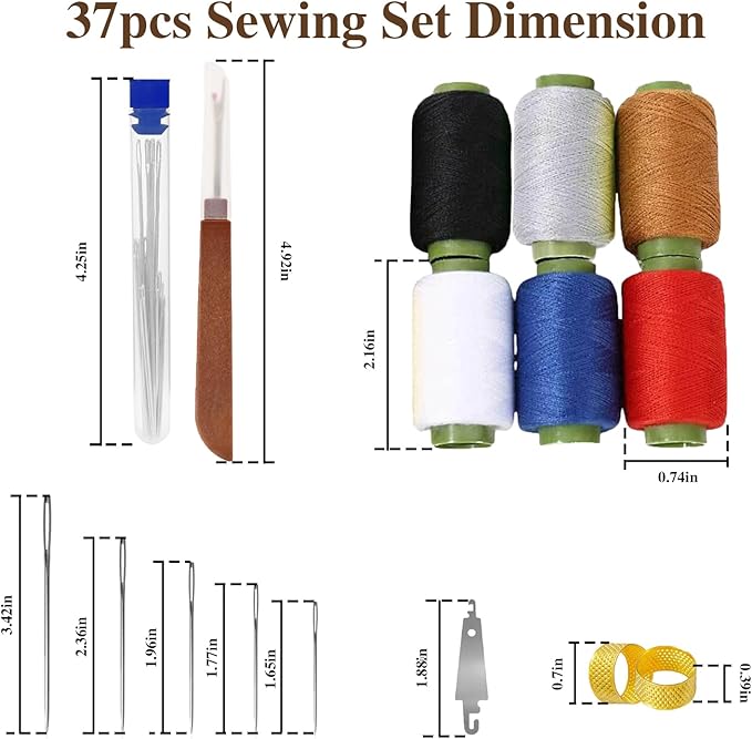 Big Eye Steel Sewing Needles Kit,37PCS Sewing Tool Set-Steel Needles,Thread Ripper,Thimble,Threaders and 6 Color Threads,Portable Hand Sewing Kit,for Beginners,Craft DIY Lovers,Daily Use (37 PCS Set)