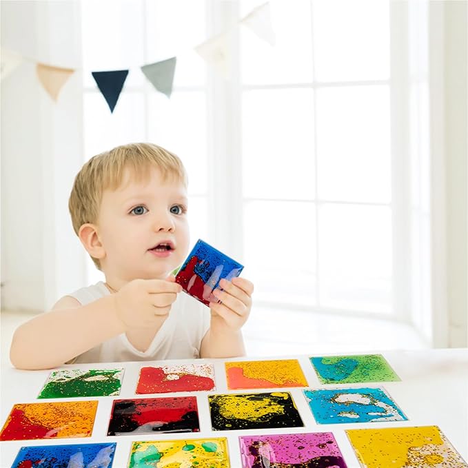 Art3d 6”x6” Square Sensory Fidget Liquid Motion Tiles for Kids, Toddler, Teens - Interactive Soft Gel Liquid Play Mats for Home, Schools, Playrooms, Multi-Pack of 6 Tiles