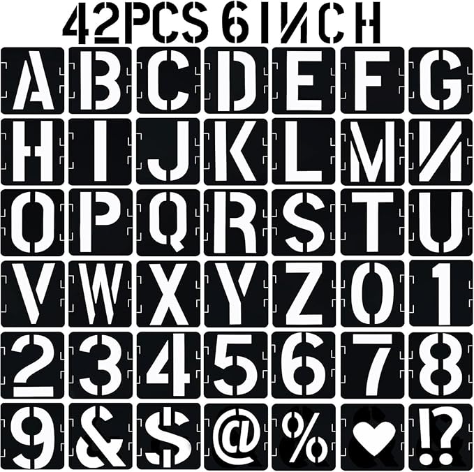 6 in Alphabet Number Stencils for Painting, 42 Pcs Reusable Letter Stencils for DIY Project Art Craft Spray Painting Templates Interlocking Stencil Kits for Wood Signs, Wall Art
