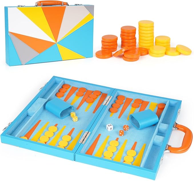 Backgammon Set, 15 Inches Classic Board Game with Leather Case, Geometric Leather Backgammon Game, Folding Portable Travel Strategy Backgammon Game Set for Adults