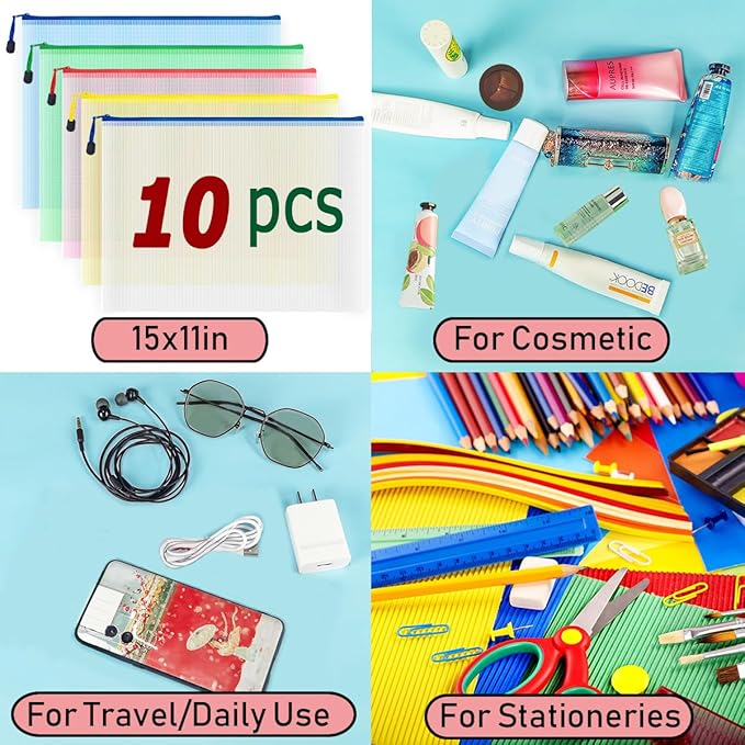 AUSTARK 10 Pcs Zipper File Bags, Waterproof Plastic Mesh Pouch for Office School, Board Game Storage Bags (B4 Size 15''x11'', Multicolored)