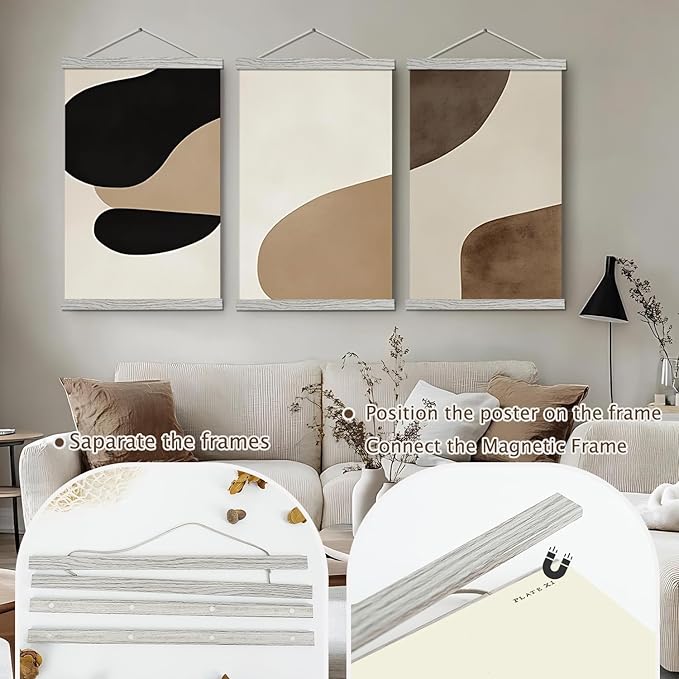 Artmag Magnetic Poster Hanger Frame, 21x29 21x18 21x15 Light Wood Wooden Magnet Canvas Artwork Print Poster Hangers Frames Hanging Kit (Grey, 21")