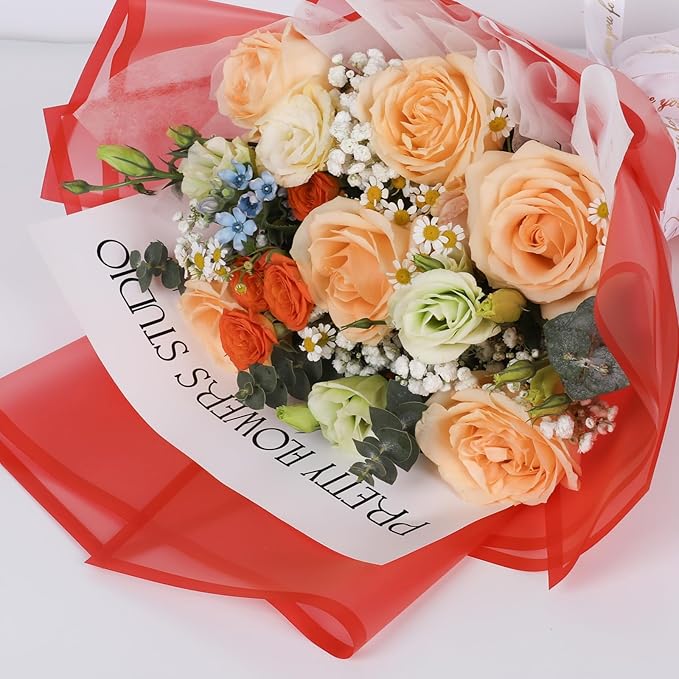 FUHITIM 20 Sheets Flower Wrapping Paper - Waterproof Floral Bouquet Packaging Paper for DIY Crafts，Florist Supplies Packaging Paper for Wedding Birthday Gift (Translucent Red)