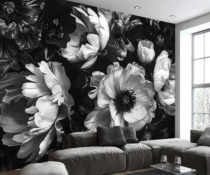 AFZEVEB-Black Peony Floral Wallpaper Vintage Large Flower Wall murals for Bedroom 182"x120"(Not Peel and Stick)