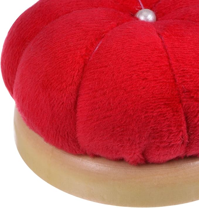 HARFINGTON Wooden Base Needle Pincushions Japanese Style Pin Cushions Round Pin Cushion Needle Holder for Sewing Quilting Needlework DIY Crafts, Red