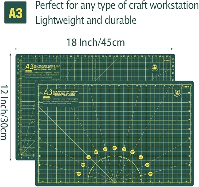 Headley Tools 18"x12" Thickened Self Healing Cutting Mat, A3 Rotary Cutting Sewing Mat for Crafts, Double Sided 5-Ply Table Cutting Board for Fabric Quilting Leather Arts Hobby Project, Green