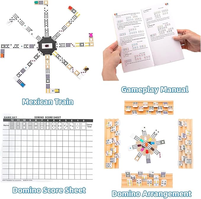Upgraded Mexican Train Dominoes Set with 8 Wooden Holders, Double 12 Dominos Set for Kids, Adults Travel Domino Train Set with 91 Tiles and Carry Case, Classic Board Games for Family Night