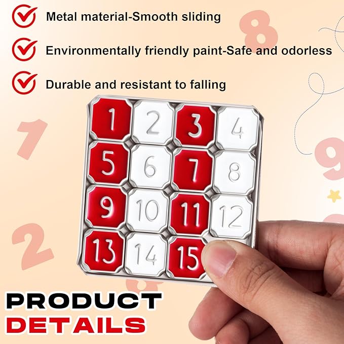 Metal Number Slide 15 Puzzle Red and White Number Sliding Puzzle Educational Pocket Funny IQ Game for Teens and Adults, Ideal for Learning Tool Party Favors(Red and White,1 Pack)