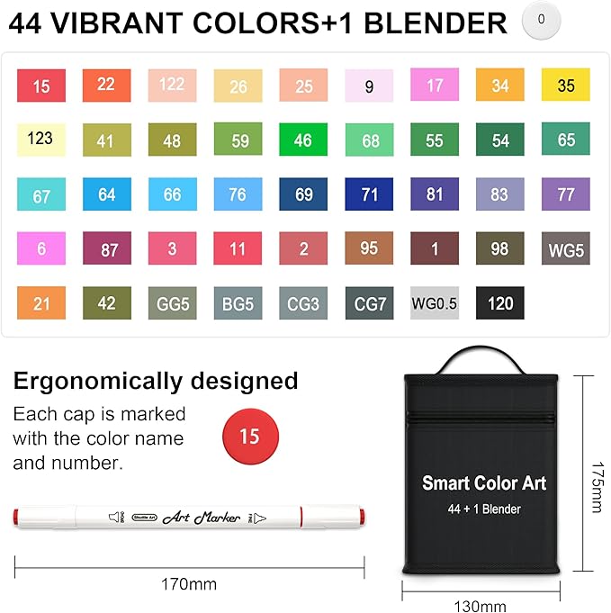 Smart Color Art Art Markers, 44 Coloring Markers and 1 Blender, 45 Pack Alcohol Based Dual Tip Permanent Highlighters with Case, Excellent for Adults Kids Marking Drawing Sketching