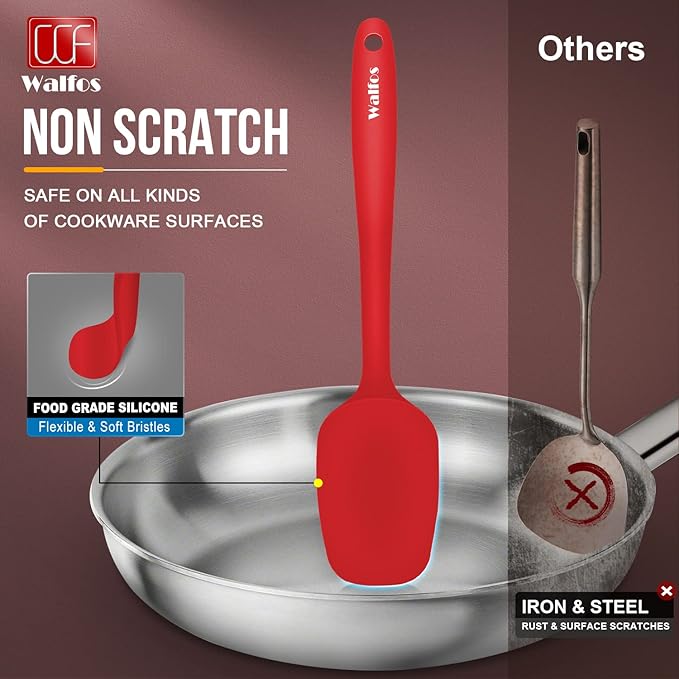 Walfos Silicone Spatula Set of 5-600°F Heat Resistant Kitchen Scraper Spatulas, Strong Steel Core and One-Pieces Seamless Design, Great for Cooking Mixing & Baking - BPA Free & Dishwasher Safe (Red)