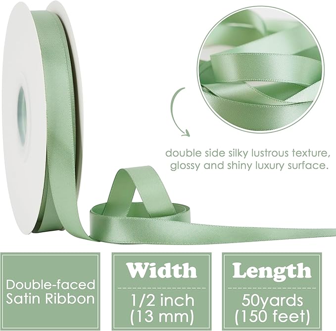 HUIHUANG Sage Green Satin Ribbon 1/2 inch X 50 Yards Continuous, Light Green Double-Faced Satin Ribbon for Gift Wrapping, Bows, DIY Crafts, Flower Bouquet, Bridal Shower Wedding Decor