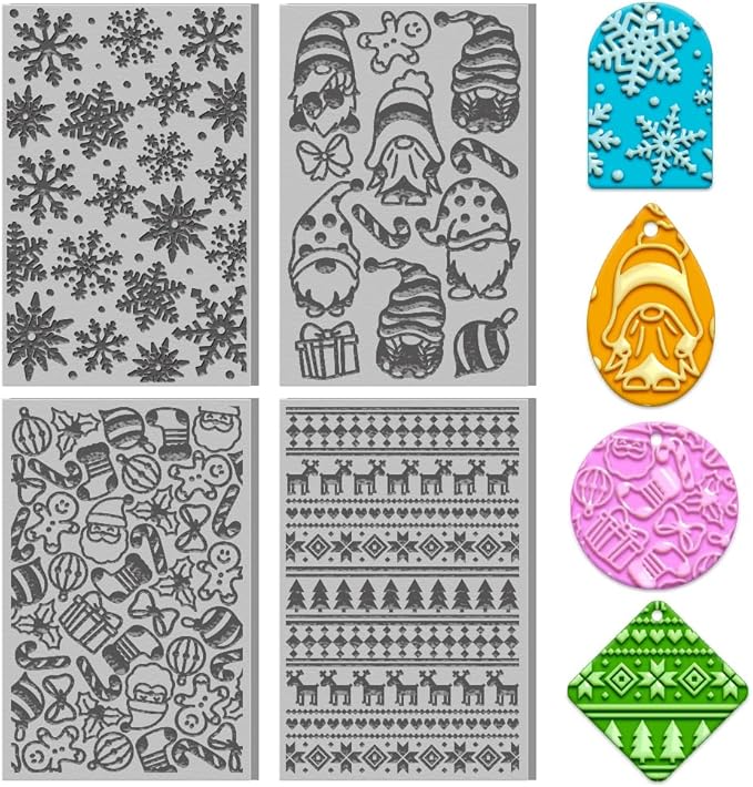 4PCS Christmas Polymer Clay Texture Sheets Set for Using with Clay Cutters, Snowflake Clay Texture Mats, Jewelry Making DIY Christmas Craft Tools