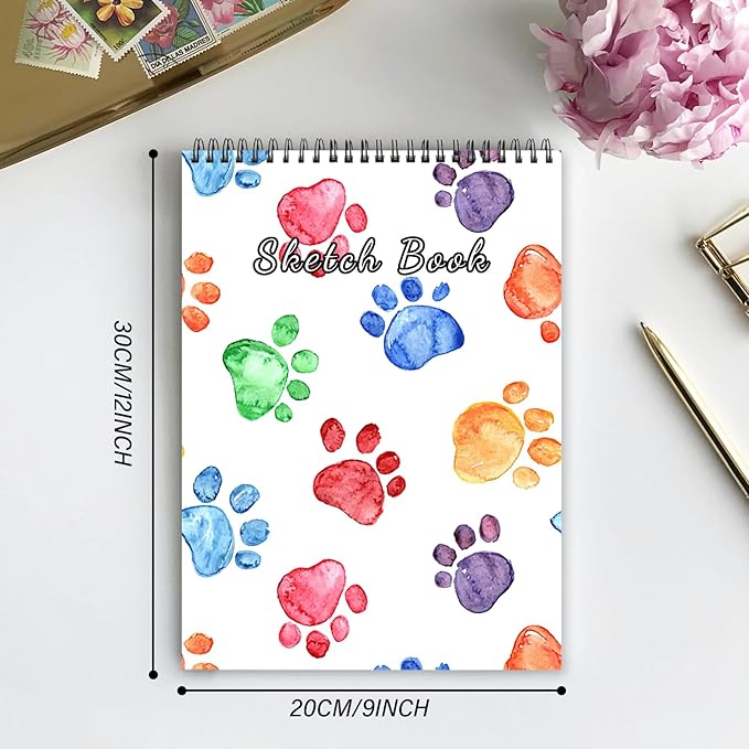 Cabreche Cute Sketchbook Top Spiral Bound Sketch Pad, 9 x 12 inch,100GSM Thick Paper,50 Sheets 100 Pages,Art Sketch Book Artistic Writing Drawing Paper for Girls Women Beginners-Dog Paw Prints