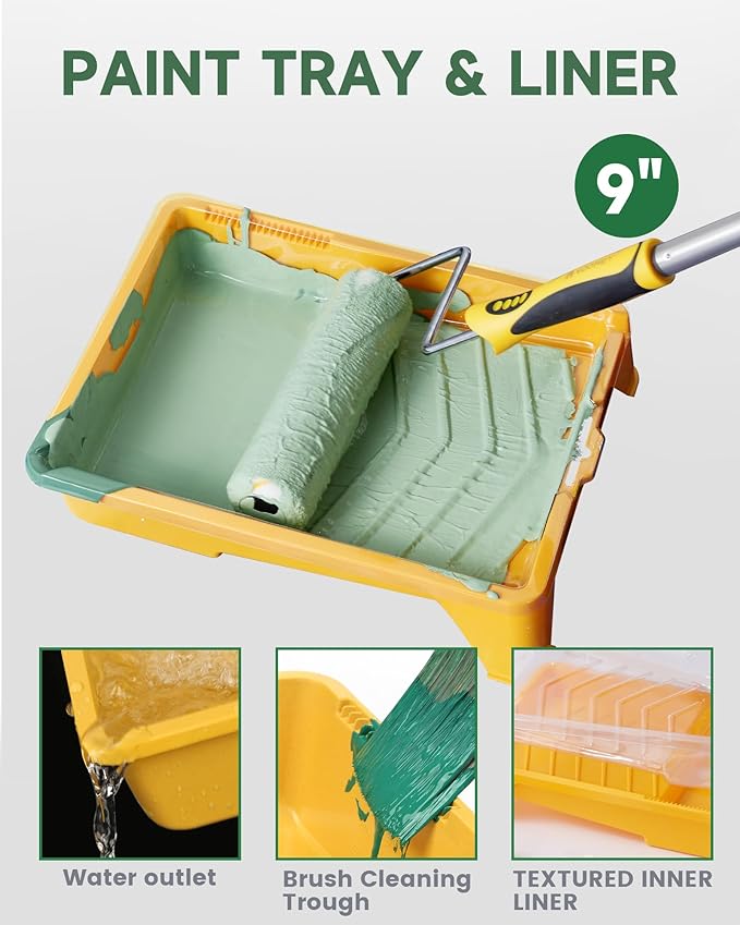 VOOMEY Paint Roller Kit with Extension Pole - 9 Inch Paint Roller with Tray, Mini Paint Roller 4 inch, Small Paint Brush, 16 Piece Complete Painting Tool Set Suitable for House & Wall Painting