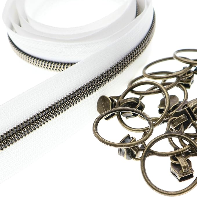 Leekayer #5 Antique Brass Metallic Nylon Coil Zippers by The Yard Bulk 10 Yards White Zipper Tape with 25pcs Antique Brass Ring Pull Sliders for DIY Sewing Tailor Craft Bag(White)