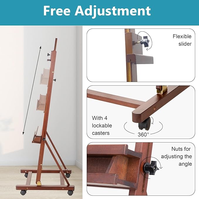 H-Frame Studio Easel, Beechwood Artist Easel with Wheels and Storage Tray, Adjustable Floor Easel Stand Holding Canvas up to 51Inches for Painting, Brown
