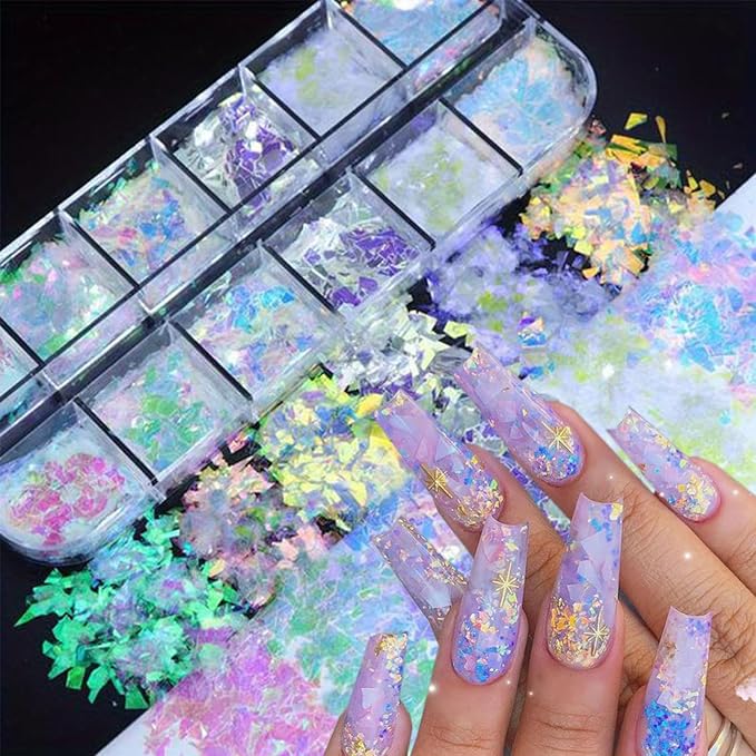 12 Colors Holographic Glitter Nail Art Sequins Aurora Iridescent Nail Flakes Glitter Chameleon Flakes Irregular Ice Slag Glass Paper Ultra Thin Mermaid Nail Glitter for Nail Art Make-up DIY Decoration