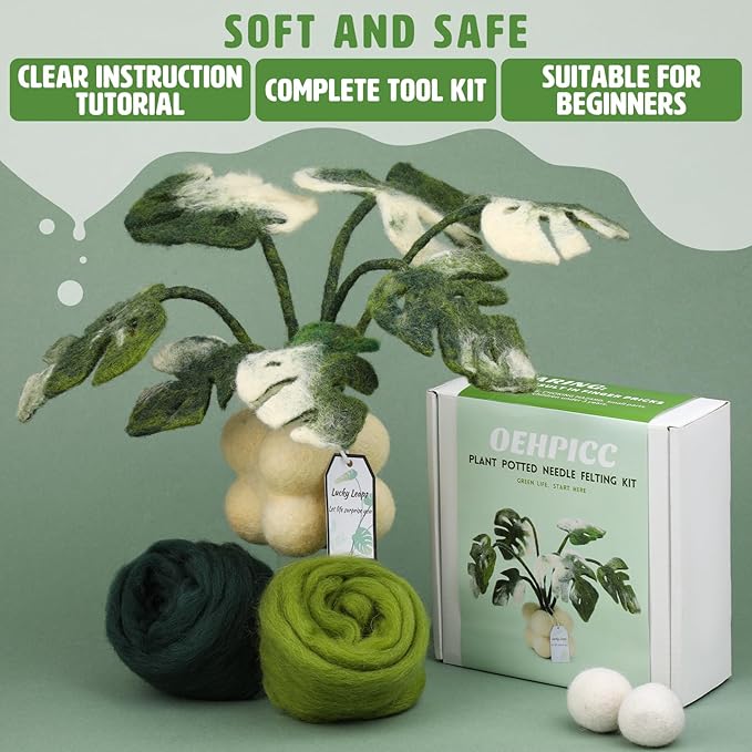 OEHPICC Needle Felting Kit for Beginners, Monstera Potted Plant Felt Kit, Wool Felting Kit with Felting Needles, Felting Pad and Instructions, Perfect for Office Indoor Greenery Present Idea
